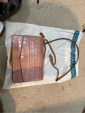 Tory Burch Blush Pink Croc-Embossed Leather Chain Crossbody